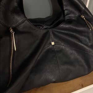 Black Leather Shoulder Bag with Gold Accents
